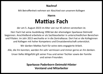 Traueranzeige von Mattias Fach von Westfalen Blatt