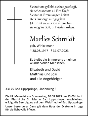 Traueranzeige von Marlies Schmidt von Westfalen Blatt