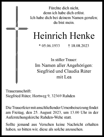 Traueranzeige von Heinrich Henke von Westfalen Blatt