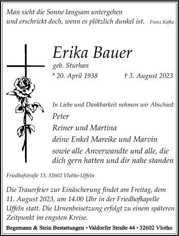 Traueranzeige von Erika Bauer von Westfalen Blatt