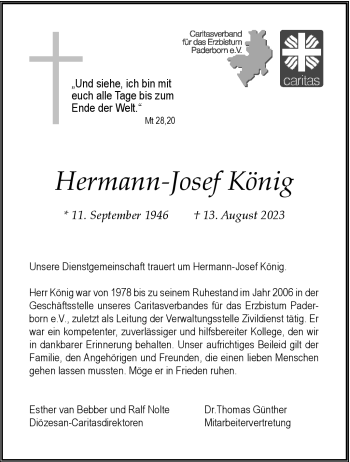 Traueranzeige von Hermann-Josef König von Westfalen Blatt