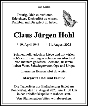 Traueranzeige von Claus Jürgen Hohl von Westfalen Blatt