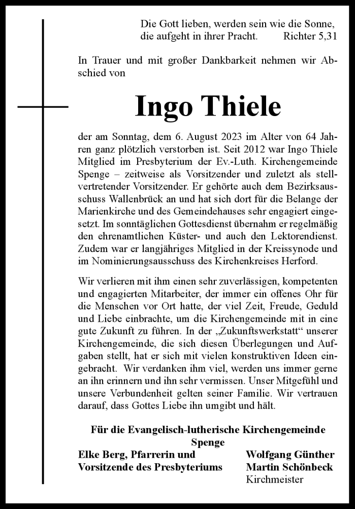  Traueranzeige für Ingo Thiele vom 12.08.2023 aus Westfalen Blatt