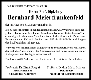 Traueranzeige von Bernhard Meierfrankenfeld von Westfalen Blatt