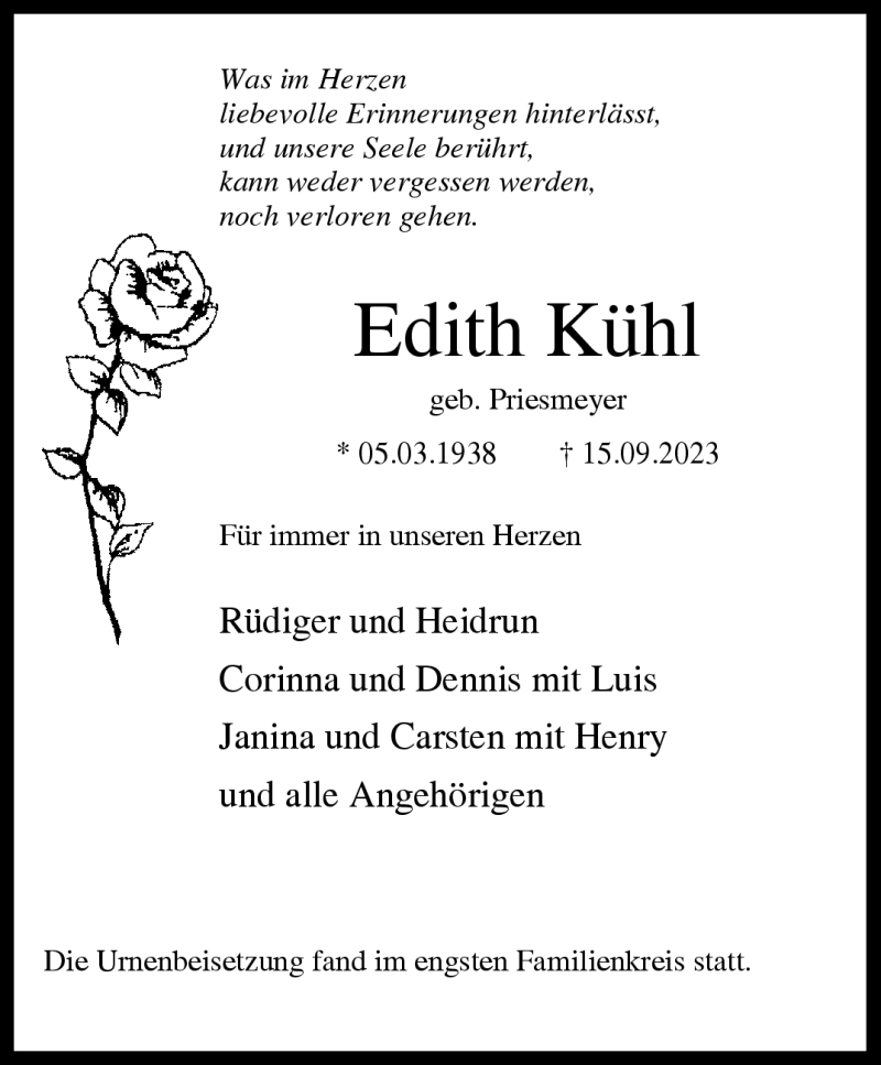  Traueranzeige für Edith Kühl vom 25.09.2023 aus Westfalen Blatt