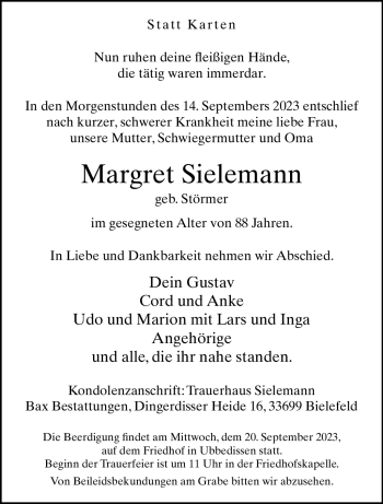 Traueranzeige von Margret Sielemann von Westfalen Blatt