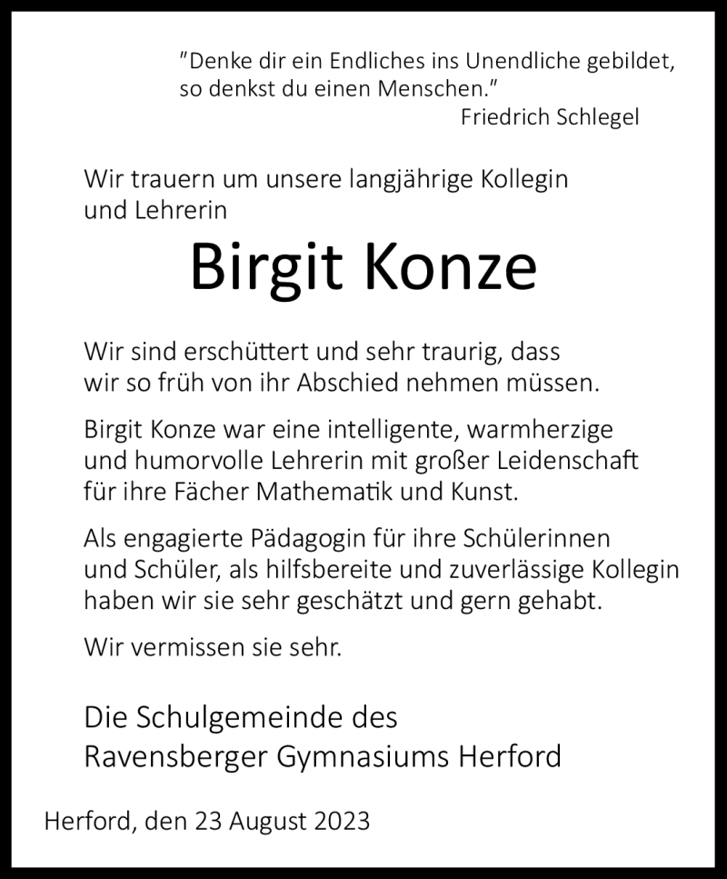  Traueranzeige für Birgit Konze vom 02.09.2023 aus Westfalen Blatt