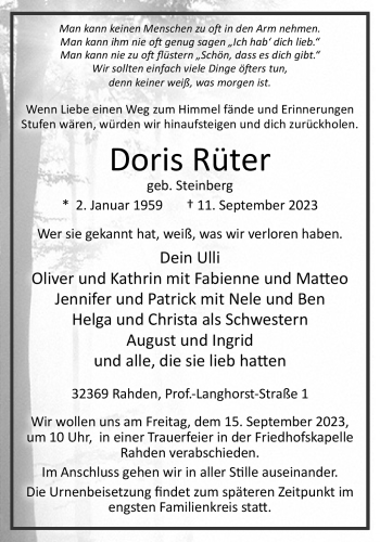 Traueranzeige von Doris Rüter von Westfalen Blatt