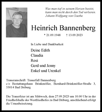 Traueranzeige von Heinrich Bannenberg von Westfalen Blatt