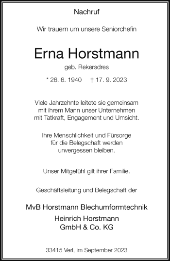 Traueranzeige von Erna Horstmann von Westfalen Blatt