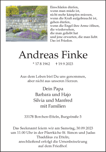 Traueranzeige von Andreas Finke von Westfalen Blatt