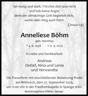 Traueranzeige von Anneliese Böhm von Westfalen Blatt