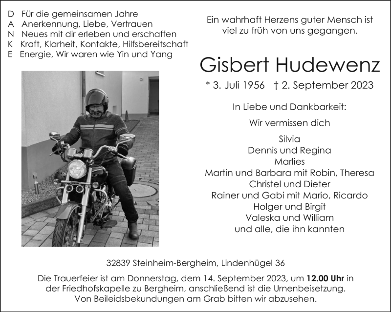  Traueranzeige für Gisbert Hudewenz vom 09.09.2023 aus Westfalen Blatt