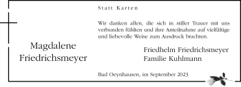 Traueranzeige von Magdalene Friedrichsmeyer von Westfalen Blatt