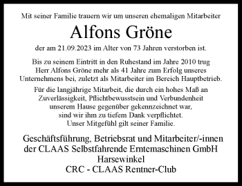 Traueranzeige von Alfons Gröne von Westfalen Blatt