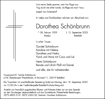 Traueranzeige von Dorothea Schönbrunn von Westfalen Blatt