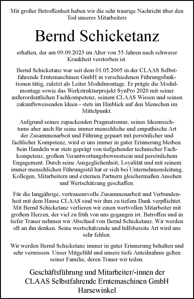  Traueranzeige für Bernd Schicketanz vom 16.09.2023 aus Westfalen Blatt