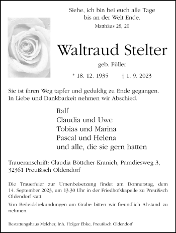 Traueranzeige von Waltraud Stelter von Westfalen Blatt