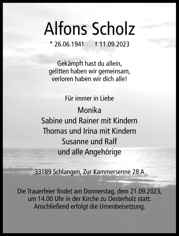  Traueranzeige für Alfons Scholz vom 16.09.2023 aus Westfalen Blatt