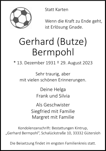 Traueranzeige von Gerhard Bermpohl von Westfalen Blatt