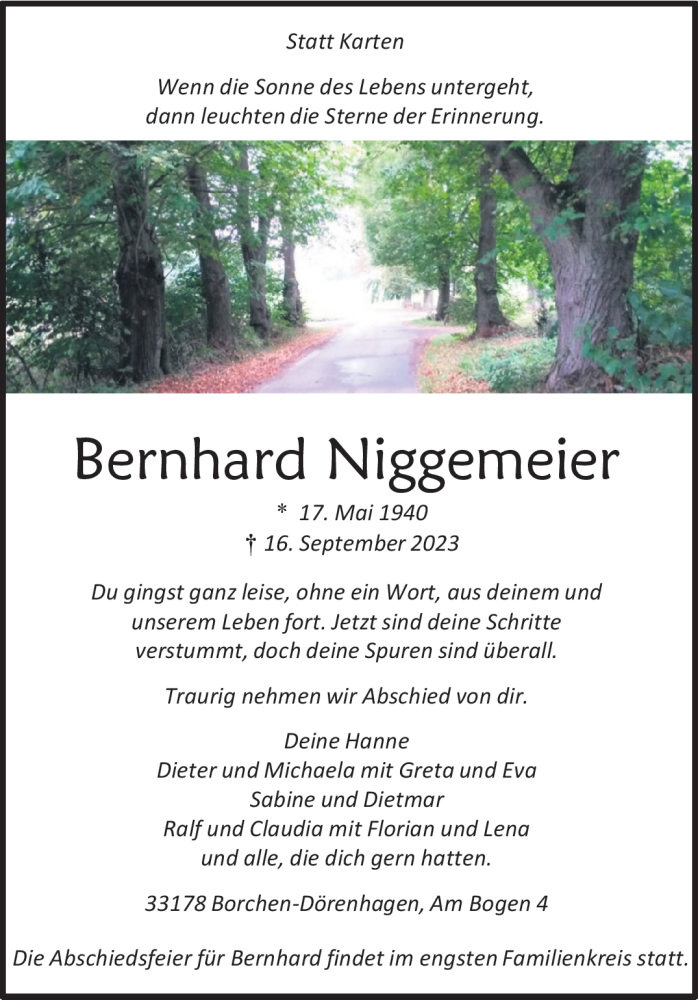  Traueranzeige für Bernhard Niggemeier vom 23.09.2023 aus Westfalen Blatt