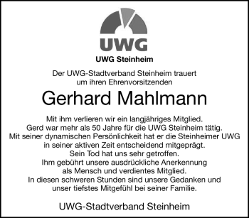 Traueranzeige von Gerhard Mahlmann von Westfalen Blatt