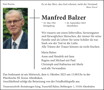 Traueranzeige von Manfred Balzer von Westfalen Blatt