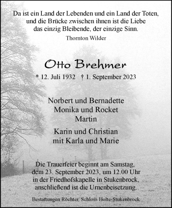 Traueranzeige von Otto Brehmer von Westfalen Blatt