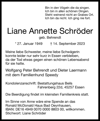 Traueranzeige von Liane Annette Schröder von Westfalen Blatt