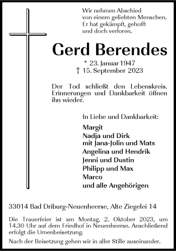 Traueranzeige von Gerd Berendes von Westfalen Blatt