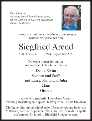 Traueranzeige von Siegfried Arend von Westfalen Blatt