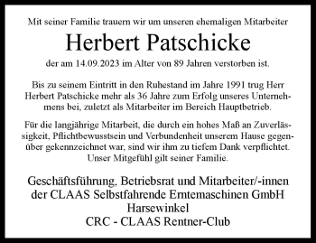 Traueranzeige von Herbert Patschicke von Westfalen Blatt