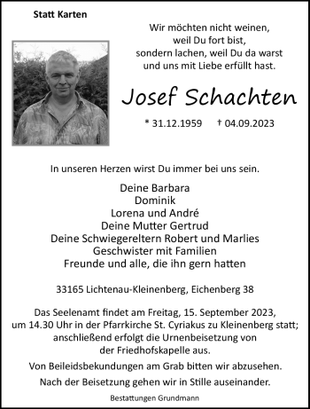 Traueranzeige von Josef Schachten von Westfalen Blatt