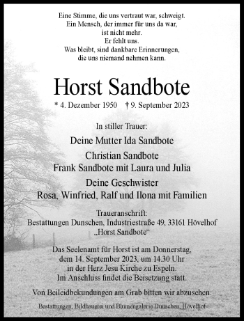 Traueranzeige von Horst Sandbote von Westfalen Blatt