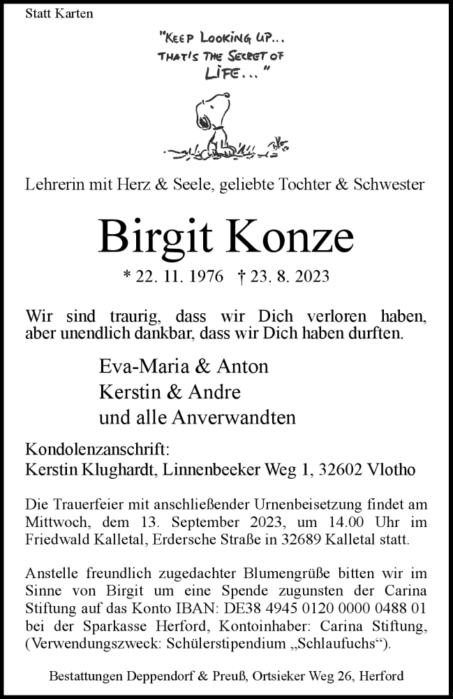  Traueranzeige für Birgit Konze vom 02.09.2023 aus Westfalen Blatt