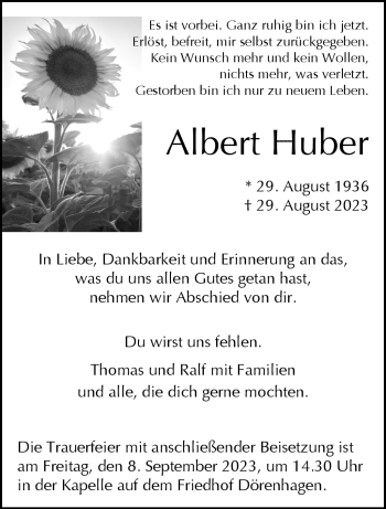 Traueranzeige von Albert Huber von Westfalen Blatt