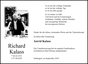 Traueranzeige von Richard Kalass von Westfalen Blatt