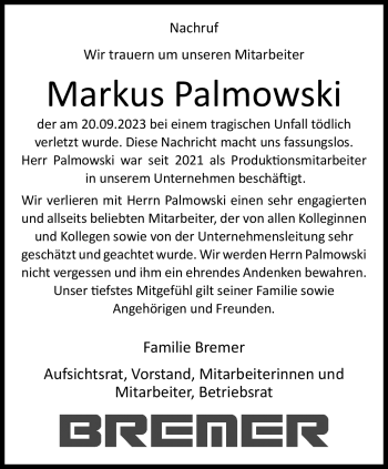 Traueranzeige von Markus Palmowski von Westfalen Blatt