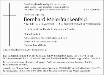 Traueranzeige von Bernhard Meierfrankenfeld von Westfalen Blatt