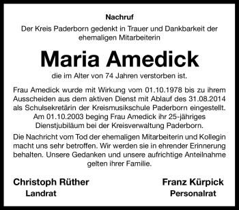 Traueranzeige von Maria Amedick von Westfalen Blatt