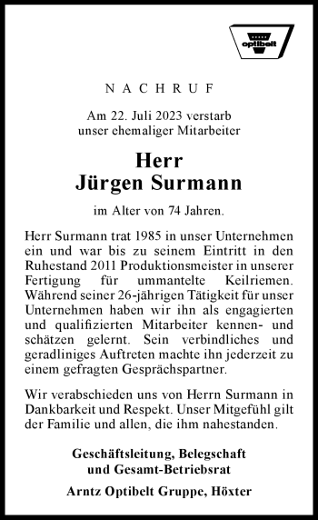 Traueranzeige von Jürgen Surmann von Westfalen Blatt