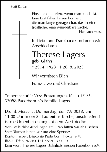 Traueranzeige von Therese Lagers von Westfalen Blatt