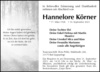 Traueranzeige von Hannelore Körner von Westfalen Blatt