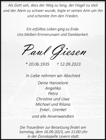 Traueranzeige von Paul Giesen von Westfalen Blatt