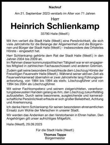 Traueranzeige von Heinrich Schlienkamp von Westfalen Blatt