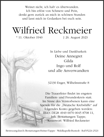 Traueranzeige von Wilfried Reckmeier von Westfalen Blatt