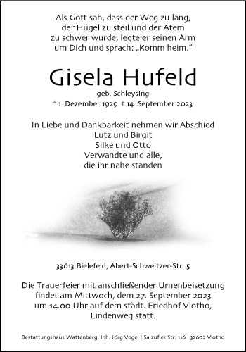 Traueranzeige von Gisela Hufeld von Westfalen Blatt