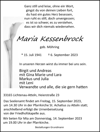 Traueranzeige von Maria Kessenbrock von Westfalen Blatt