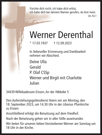 Traueranzeige von Werner Derenthal von Westfalen Blatt