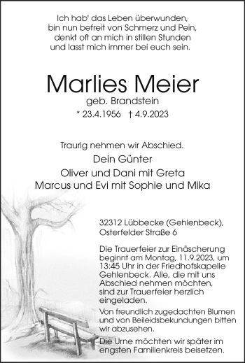 Traueranzeige von Marlies Meier von Westfalen Blatt